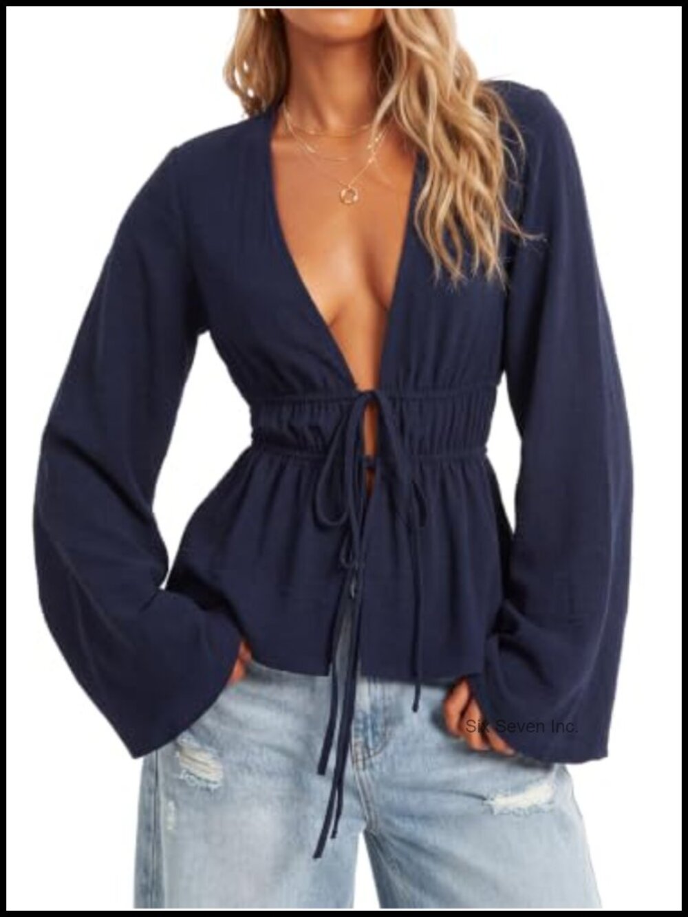 Women's Deep V Neck Tie Front Peplum Blouse Bell Sleeve Top